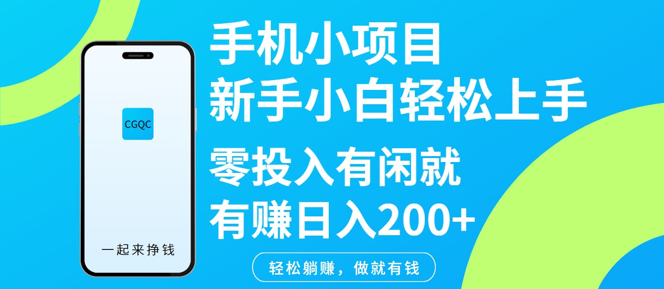 手机小项目新手小白轻松上手零投入有闲就有赚日入200+-佳佳云创网