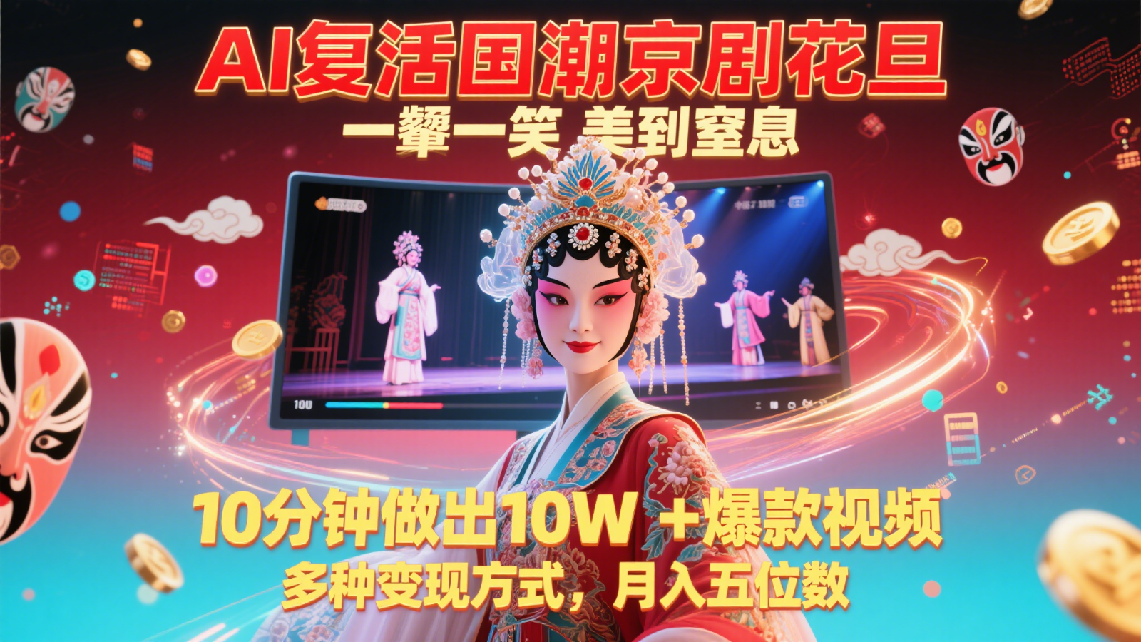 AI复活国潮京剧花旦,一颦一笑美到窒息,10分钟做出10W+爆款视频,多种变现方式,…-佳佳云创网