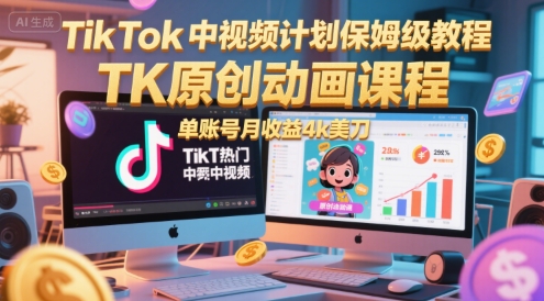 TikTok中视频计划保姆级教程,TK原创动画课程,单账号月收益4k美刀-佳佳云创网