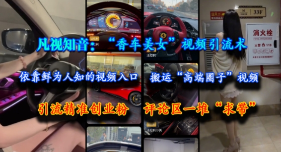 凡视知音:“香车美女”视频引流术,依靠鲜为人知的视频入口,搬运“高端圈子”视频,引流精准创业粉,评论区一堆“求带”-佳佳云创网