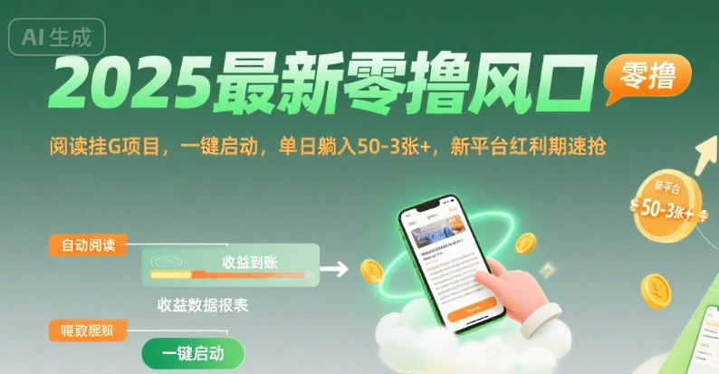 2025最新零撸风口,阅读挂G项目,一键启动,单日躺入 50-3张+,新平台红利期速抢【揭秘】-佳佳云创网