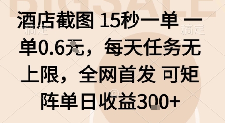 酒店截图15秒一单,一单0.6米,每天任务无上限,全网首发可矩阵单日收益3张【揭秘】-佳佳云创网