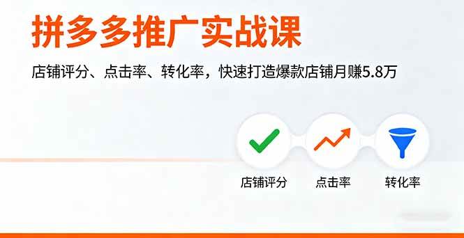 (16115期)拼多多推广实战课,店铺评分、点击率、转化率,快速打造爆款店铺月赚5.8万-佳佳云创网