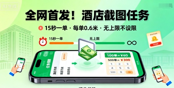 全网首发!酒店截图任务,15秒一单,每单0.6米,任务无上限不设限,矩阵操作单日3张到手【揭秘】-佳佳云创网