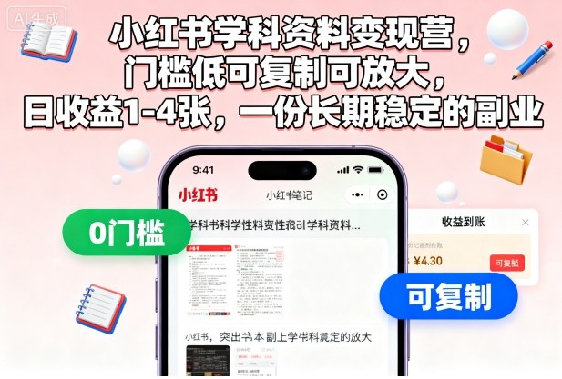 小红书学科资料变现营,门槛低可复制可放大,日收益1-4张,一份长期稳定的副业-佳佳云创网