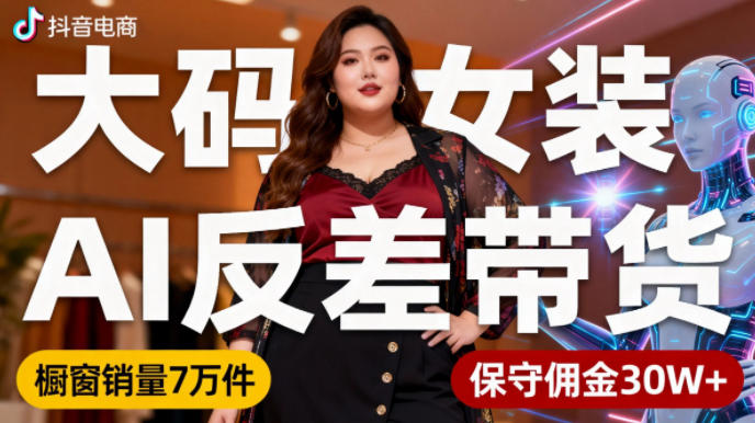 抖音小众赛道,大码女装AI反差带货,不用直播,每天6条作品,橱窗卖7万件,保守佣金30W+-佳佳云创网