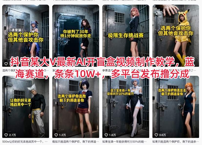 抖音某大V最新AI开盲盒视频制作教学,蓝海赛道,条条10W+,多平台发布撸分成-佳佳云创网