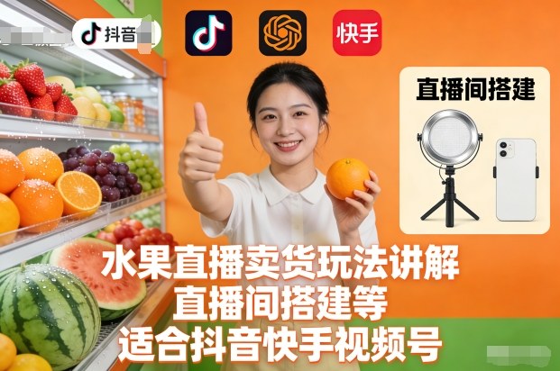 水果直播卖货玩法讲解、直播间搭建等,适合抖音快手视频号-佳佳云创网