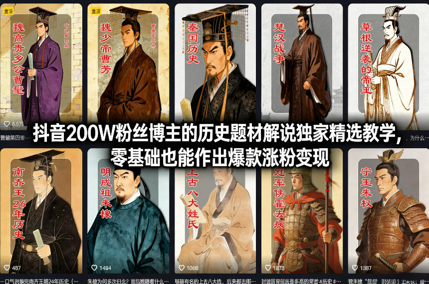 抖音200W粉丝博主的历史题材解说独家精选教学,零基础也能作出爆款涨粉变现-佳佳云创网