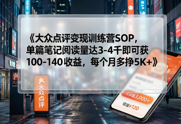 大众点评变现训练营SOP,单篇笔记阅读量达3-4千即可获100-140收益,每个月多挣5K+-佳佳云创网