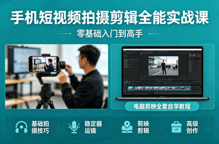 手机短视频拍摄剪辑全能实战课:零基础入门到高手,稳定器运镜+电脑剪映全套自学教程-佳佳云创网
