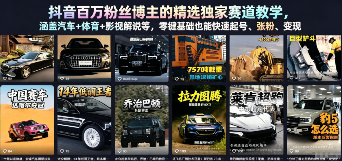抖音百万粉丝博主的精选独家赛道教学,涵盖汽车+体育+影视解说等,零基础也能快速起号、涨粉、变现-佳佳云创网