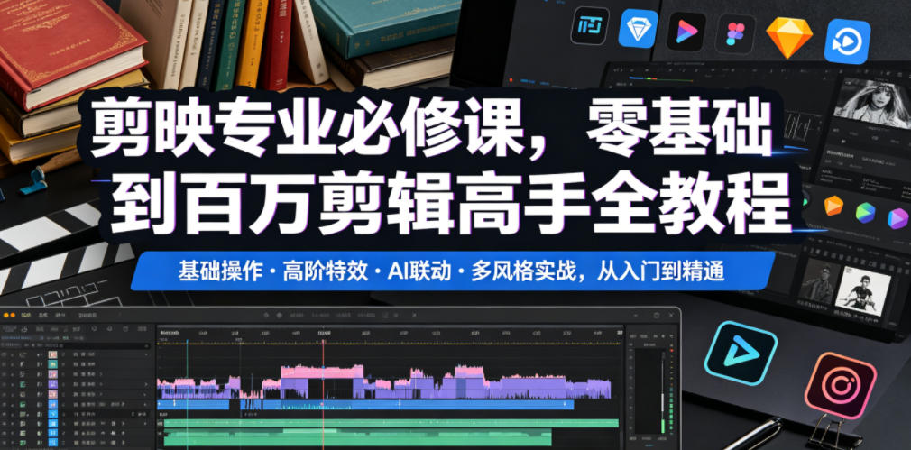 剪映专业必修课,零基础到百万剪辑高手全教程,基础操作・高阶特效・AI联动・多风格实战,从入门到精通-佳佳云创网