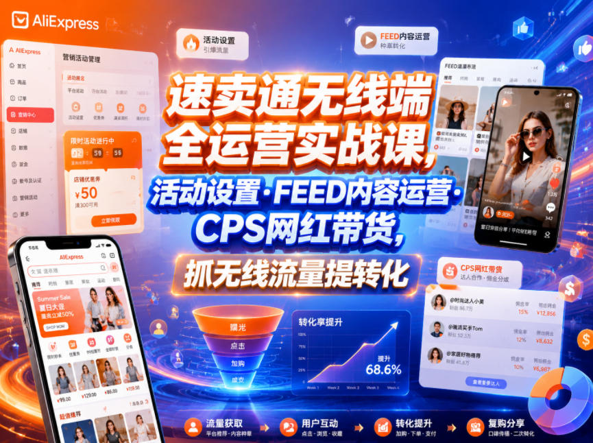 速卖通无线端全运营实战课,活动设置・FEED内容运营・CPS网红带货,抓无线流量提转化-佳佳云创网
