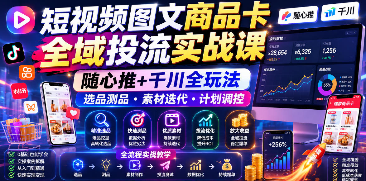 短视频图文商品卡全域投流实战课,随心推+千川全玩法,选品测品・素材迭代・计划调控,提升ROI爆单增收教程-佳佳云创网
