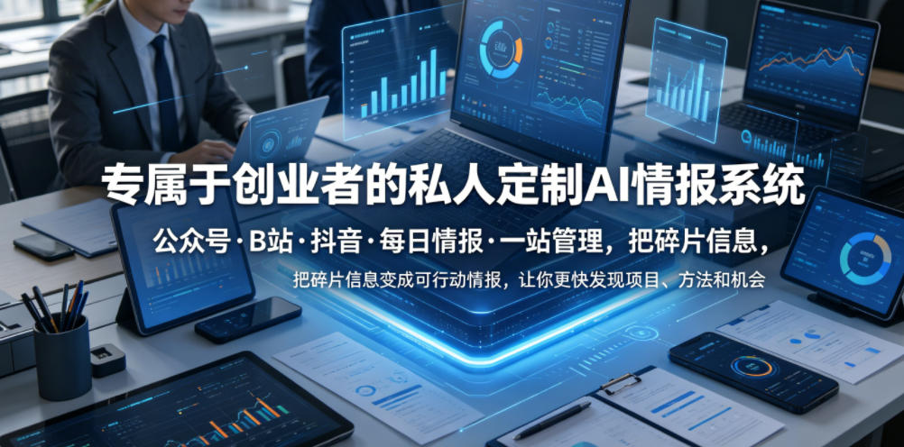 专属于创业者的私人定制AI情报系统,公众号·B站·抖音·每日情报·一站管理,把碎片信息变成可行动情报,让你更快发现项目、方法和机会-佳佳云创网
