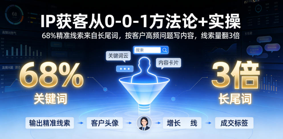 IP获客从0-1方法论+实操,68%精准线索来自长尾词,按客户高频问题写内容,线索量翻3倍-佳佳云创网