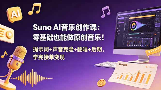 (18945期) Suno AI音乐创作课:零基础也能做原创音乐!提示词+声音克隆+翻唱+后期,学完接单变现-佳佳云创网