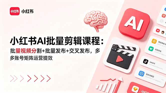 (18959期)小红书AI批量剪辑课程:批量视频分割+批量发布+交叉发布,多账号矩阵运营提效-佳佳云创网