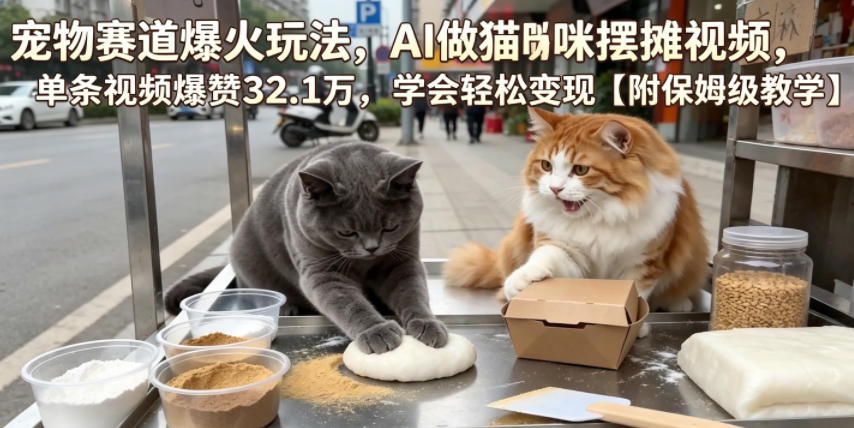 宠物赛道爆火玩法,AI做猫咪摆摊视频,单条视频爆赞32.1万,学会轻松变现【附保姆级教学】-佳佳云创网