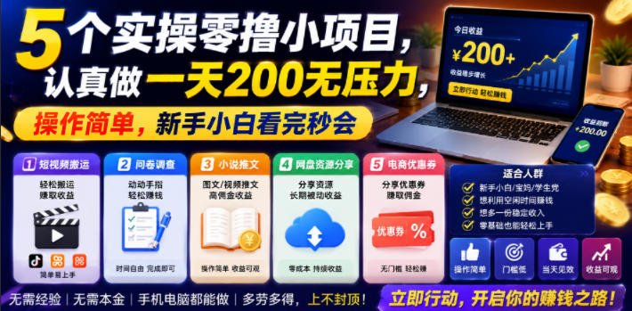 5个实操零撸小项目,认真做一天200无压力,操作简单,新手小白看完秒会【揭秘】-佳佳云创网