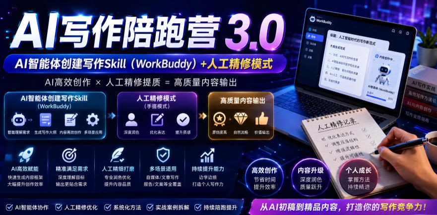 AI写作陪跑营3.0,Ai智能体创建写作skill(workbuddy)+人工手写模式(手搓模式),去除AI痕迹(头条号、公众号、百家号)-佳佳云创网