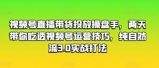 视频号直播带货投放操盘手，两天带你吃透视频号运营技巧，纯自然流3.0实战打法-佳佳云创网