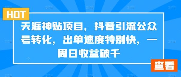天涯神贴项目，抖音引流公众号转化，出单速度特别快，一周日收益破千-佳佳云创网