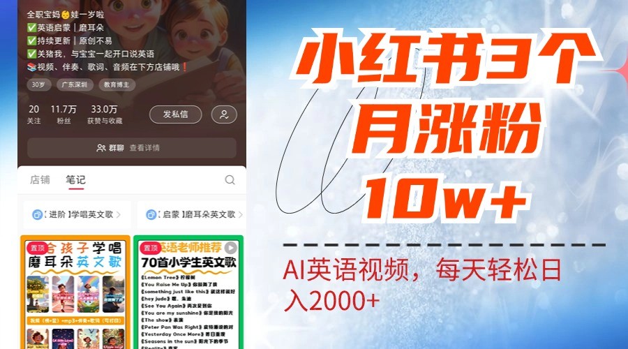小红书三个月涨粉10W，AI英语视频0成本制作，每天轻松日入2000+-佳佳云创网
