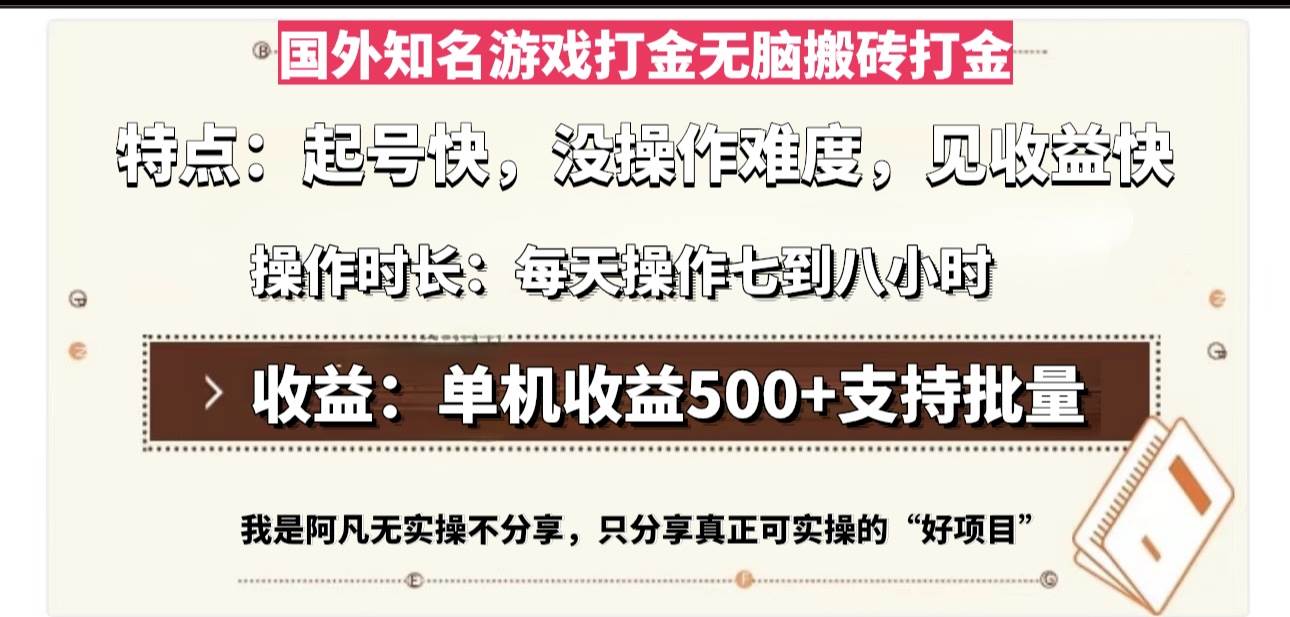 （13307期）国外知名游戏打金无脑搬砖单机收益500，每天操作七到八个小时-佳佳云创网