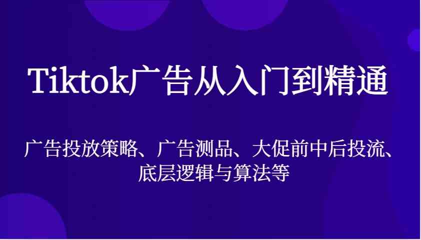 Tiktok广告从入门到精通，广告投放策略、广告测品、大促前中后投流、底层逻辑与算法等-佳佳云创网