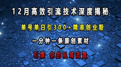 最新高效引流技术深度揭秘 ，单号单日引300+精准创业粉，一分钟一条原创素材，引爆你的私域流量-佳佳云创网