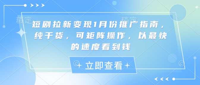 短剧拉新变现1月份推广指南，纯干货，可矩阵操作，以最快的速度看到钱-佳佳云创网