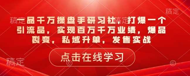 一品千万操盘手研习社，打爆一个引流品，实现百万千万业绩，爆品裂变，私域升单，发售实战-佳佳云创网