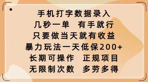 手机打字数据录入，几秒一单，有手就行，只要做当天就有收益，暴力玩法一天低保2张-佳佳云创网