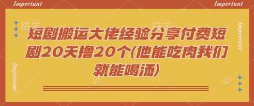 短剧搬运大佬经验分享付费短剧20天撸20个(他能吃肉我们就能喝汤)-佳佳云创网