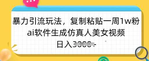 暴力引流玩法，复制粘贴一周1w粉，ai软件生成仿真人美女视频，日入多张-佳佳云创网