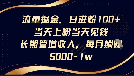 流量掘金，日进粉100+，当天上粉当天见钱，长期管道收入，每月躺挣5k-佳佳云创网