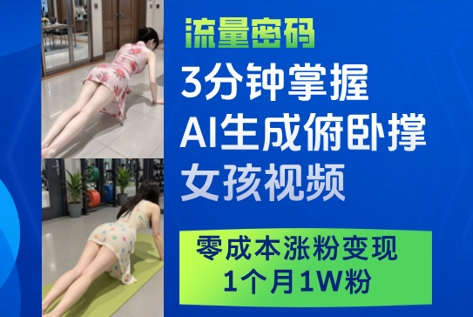 3分钟掌握AI生成俯卧撑女孩视频，零成本涨粉变现，1个月1W粉-佳佳云创网