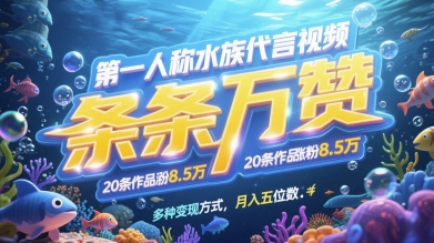 第一人称水族代言视频，条条万赞，20条作品涨粉7.8W，多种变现方式月入五位数-佳佳云创网