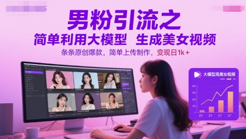 男粉引流之简单利用大模型生成美女视频，条条原创爆款，简单上传制作，变现日1k+-佳佳云创网