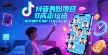 抖音男粉项目0成本玩法，一部手机即可操作，日均4张+，时间自由-佳佳云创网