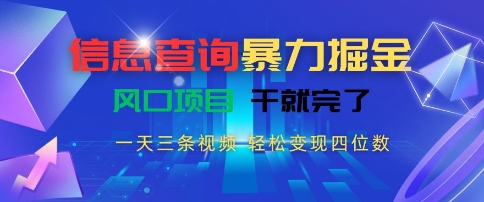 信息查询暴力掘金，一天三条视频，轻松变现四位数，风口项目干就完了【揭秘】-佳佳云创网