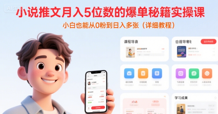 小说推文月入5位数的爆单秘籍实操课，，小白也能从0粉到日入多张(详细教程)-佳佳云创网