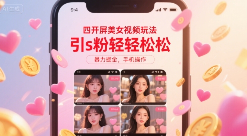 四开屏美女视频玩法，引s粉轻轻松松，暴力掘金，手机操作【揭秘】-佳佳云创网