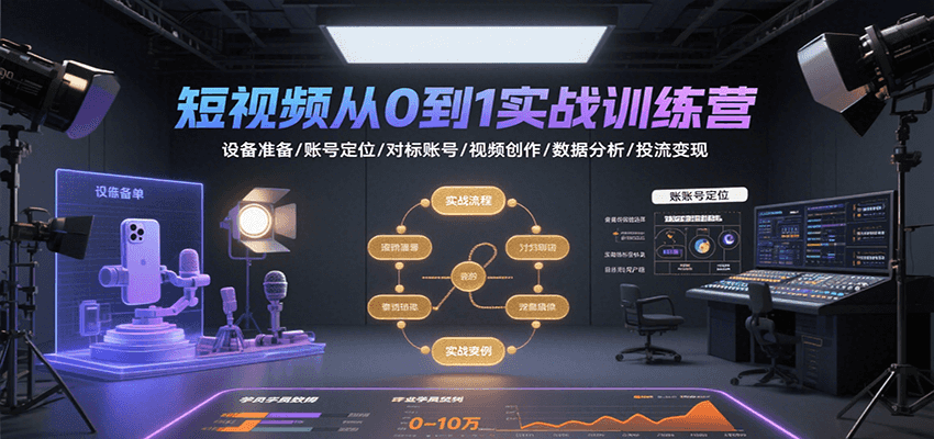 短视频从0到1实战训练营：设备准备/账号定位/对标账号/视频创作/数据分析/投流变现-佳佳云创网