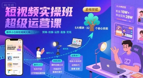 短视频实操班超级运营课，新手小白到短视频大神必修课程，剪辑-拍摄-运营-直播-变现-佳佳云创网