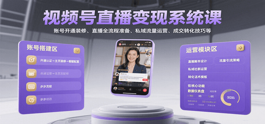 视频号直播变现系统课，账号开通装修、直播全流程准备、私域流量运营、成交转化技巧等-佳佳云创网