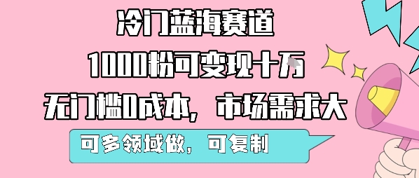 冷门蓝海赛道，1000粉可变现十W，无门槛0成本，市场需求大，可多领域做，可复制性强-佳佳云创网