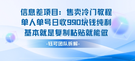 信息差项目：售卖冷门教程单人单号日收9张纯利基本就是复制粘贴就能做-佳佳云创网